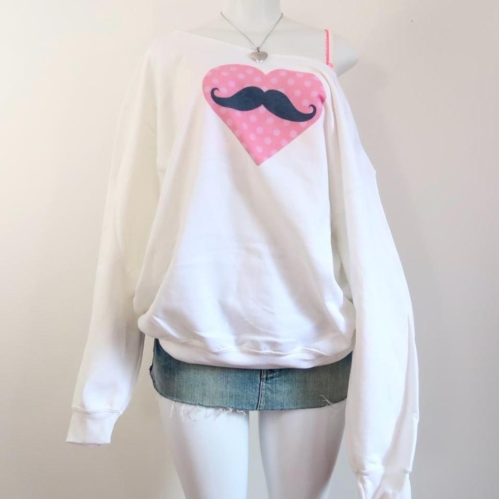 y2k polka dot heart moustache graphic off shoulder sweatshirt
